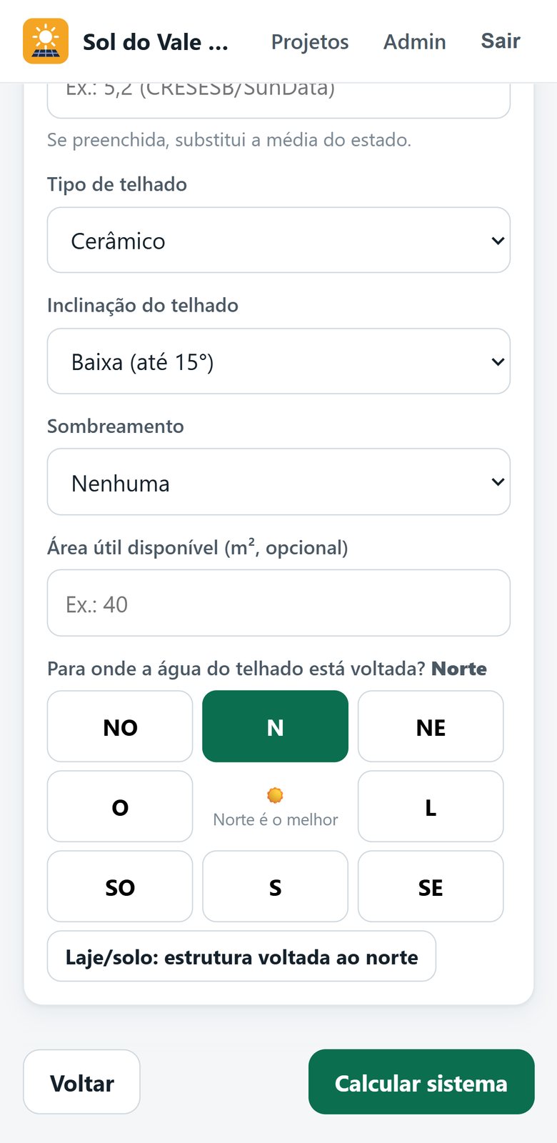 Tela do local: tipo de telhado, inclinação, sombra e orientação